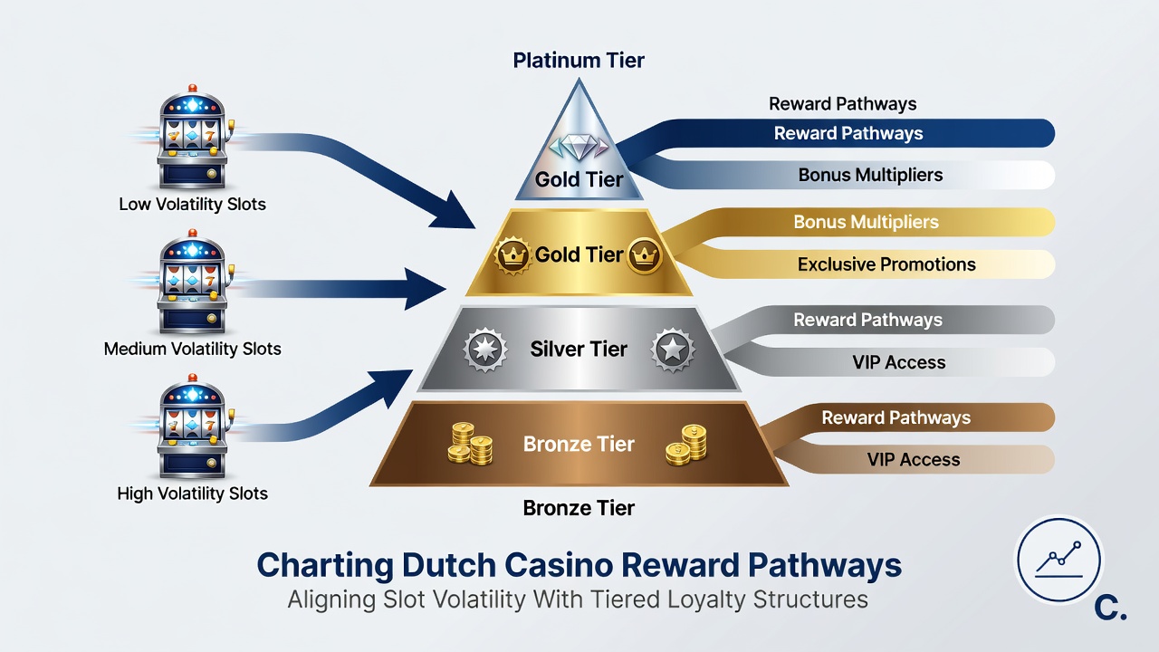 Diagram van gelaagde loyaliteitsstructuren geïntegreerd met slot volatiliteit en compliance checks