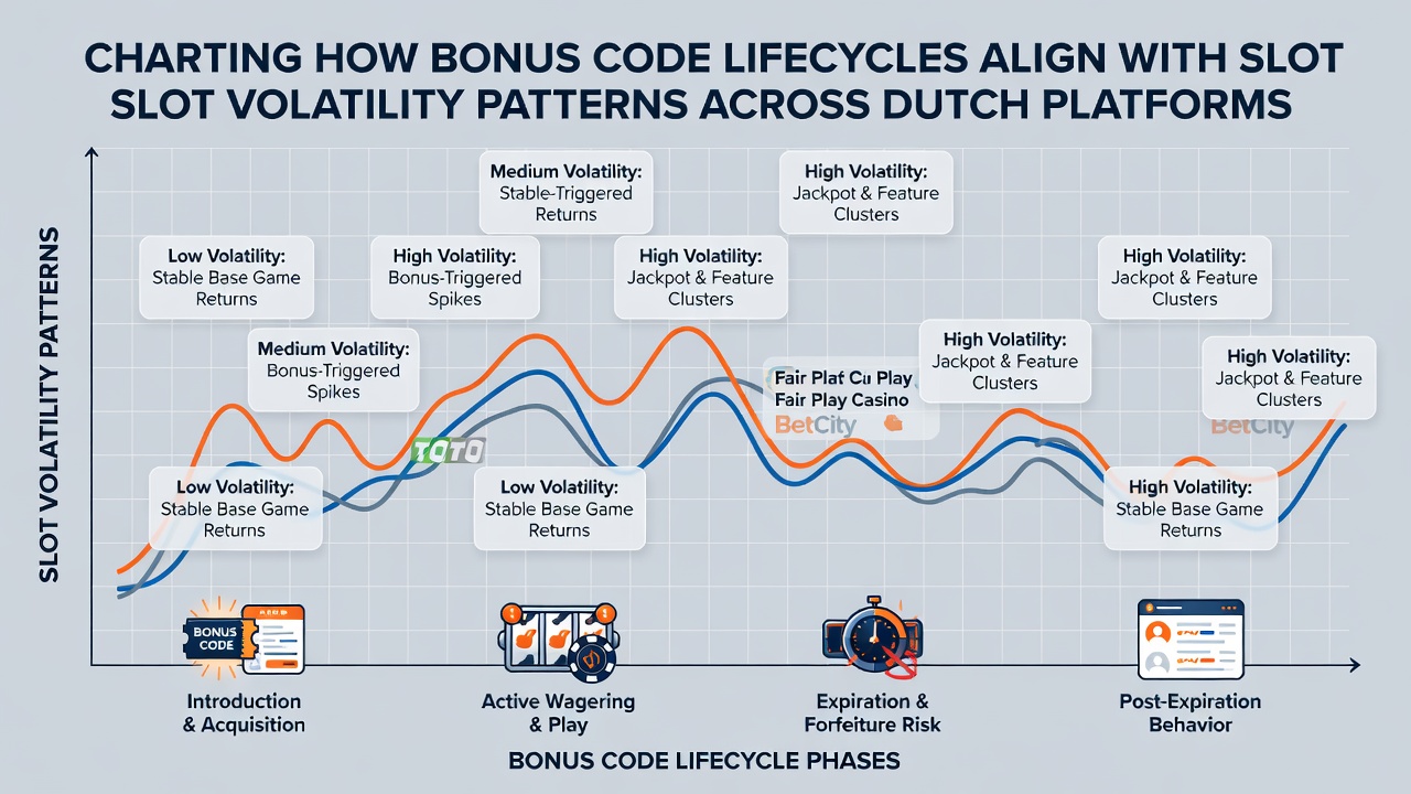 Diagram van slotvolatiliteitspatronen gekoppeld aan bonuscodefasen op Nederlandse casino platforms