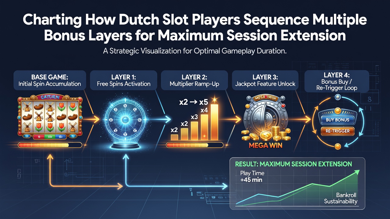Illustratie van Nederlandse slotspelers die meerdere bonuslagen sequentiëren voor langere sessies
