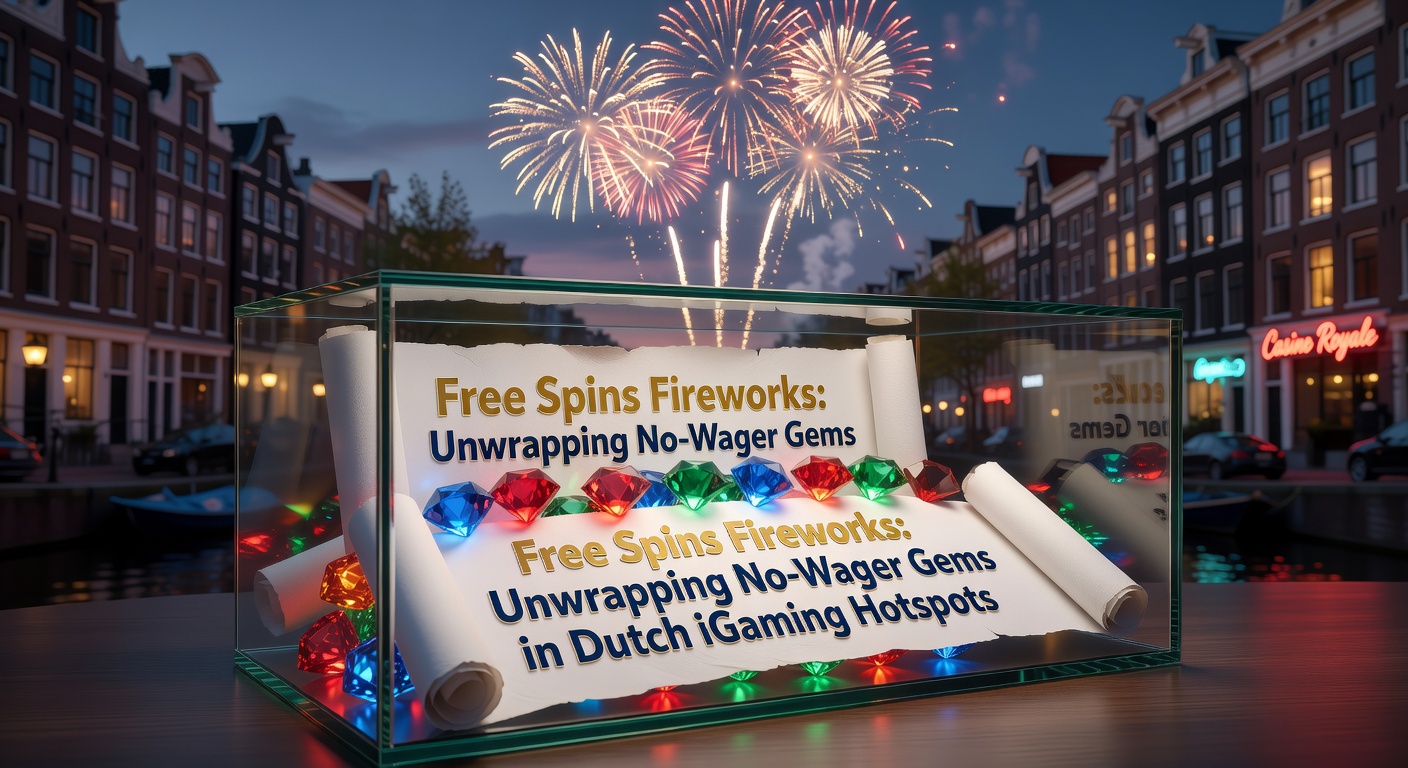 Kleurrijk vuurwerk van free spins die ontploffen boven Nederlandse iGaming hotspots, symboliserend no-wager bonussen