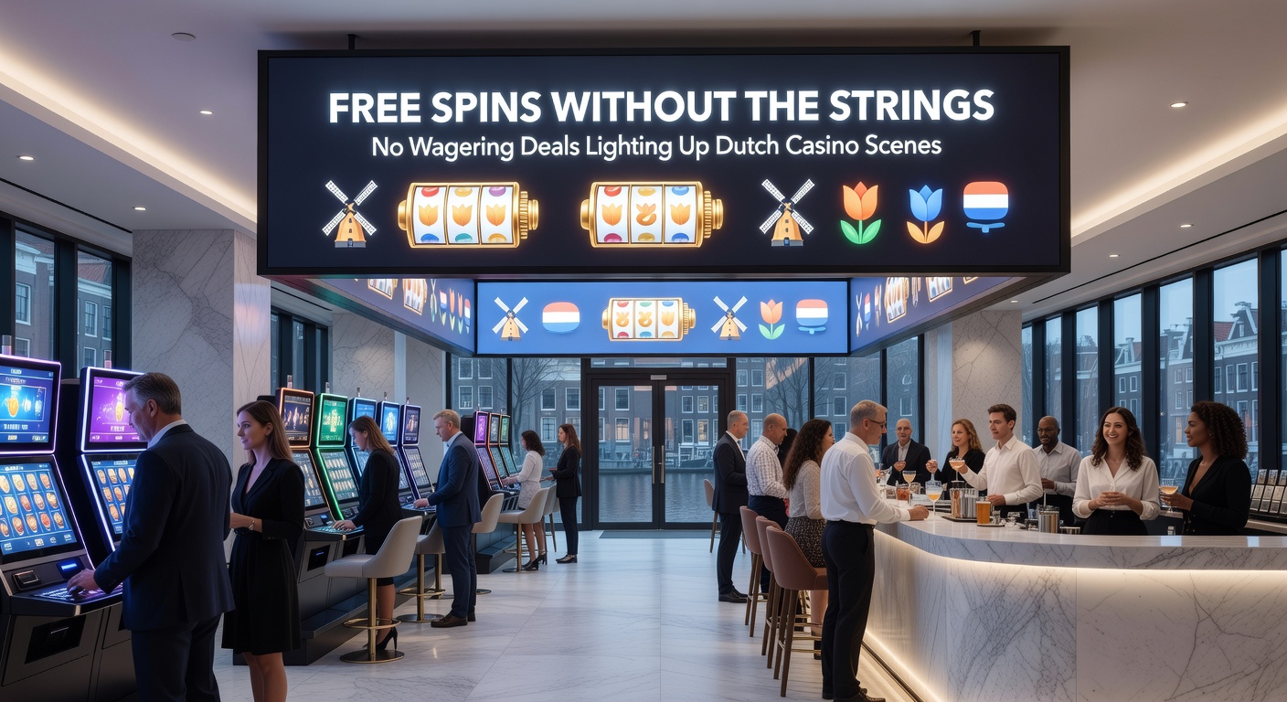 Schermafbeelding van een Nederlands online casino met een no-wager free spins promotie op een bruisende slotmachine