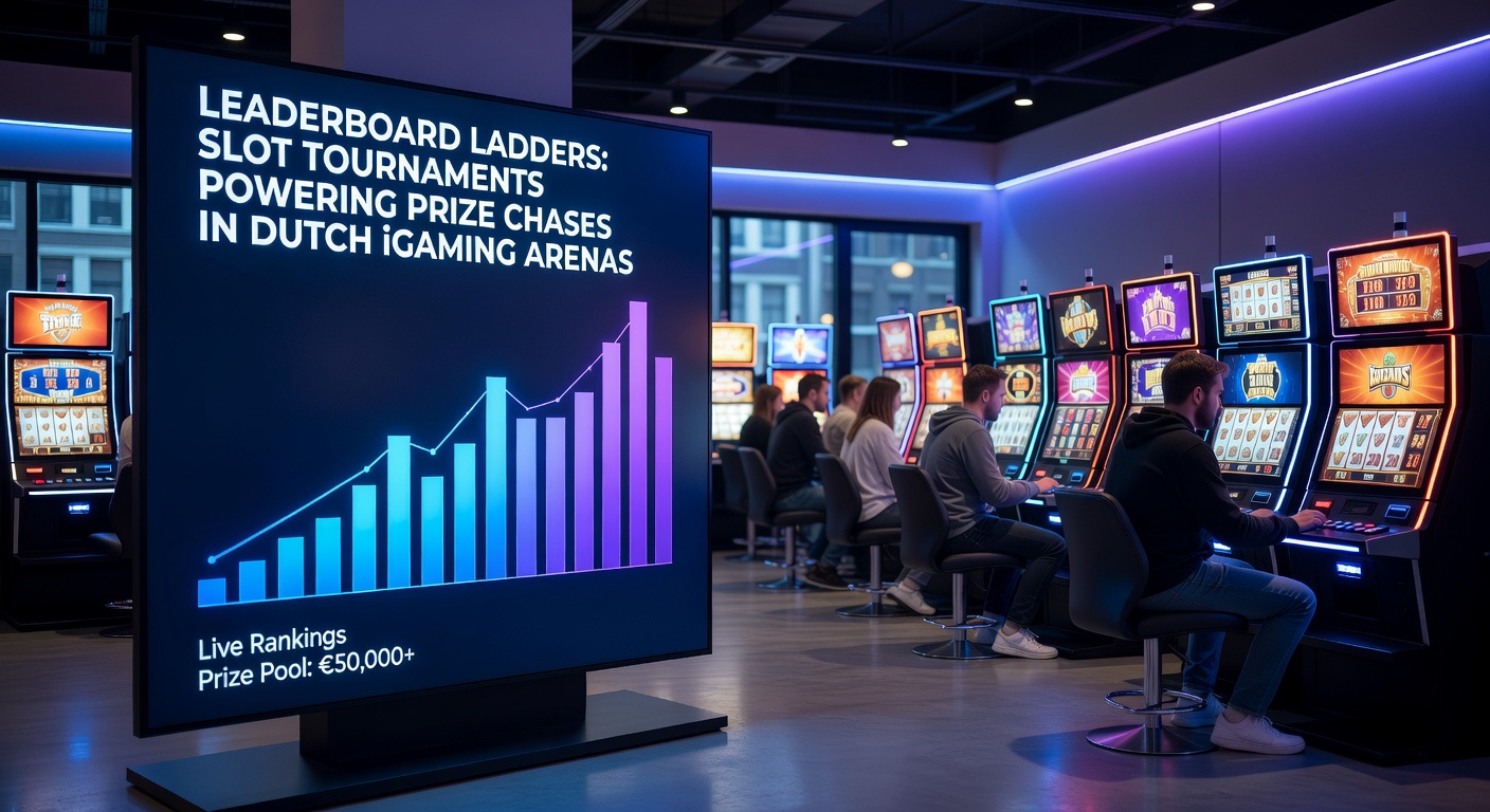 Spelers die een virtuele leaderboard ladder beklimmen tijdens een slot toernooi in een Nederlands online casino, met prijzen die lonken bovenaan