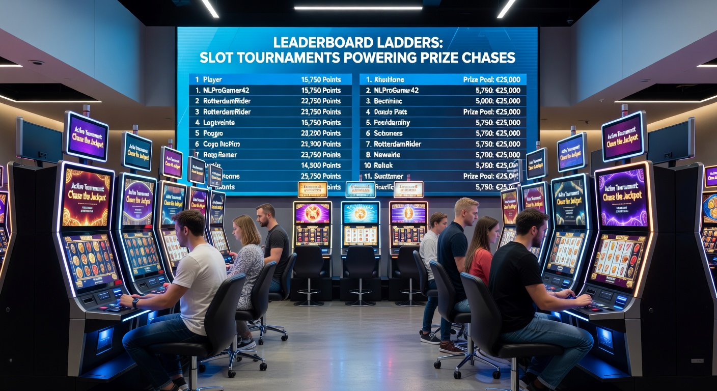 Een dynamische leaderboard-schermafbeelding van een slot toernooi, met spelersnamen die de ladder beklimmen en prijzen die fonkelen aan de top in een Nederlands iGaming-platform