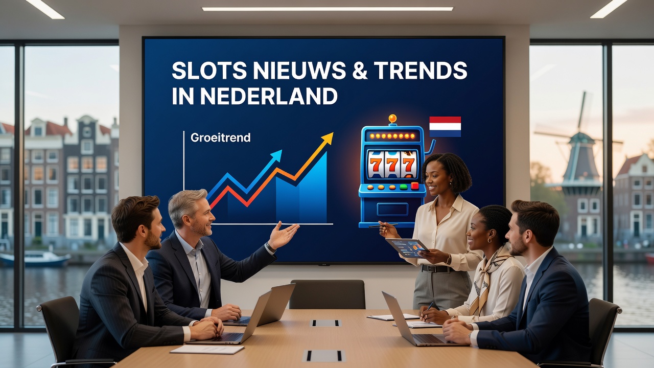 Logo van LeoVegas Studios met Nederlandse vlag en slotmachines op de achtergrond, symboliserend de marktentry