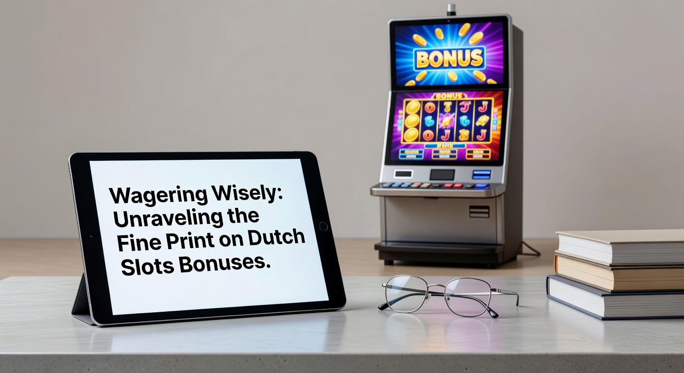 Close-up van bonusvoorwaarden op een casino website, met pijlen naar wagering, max bet en game contributions, illustrerend de cruciale details voor Nederlandse slots spelers